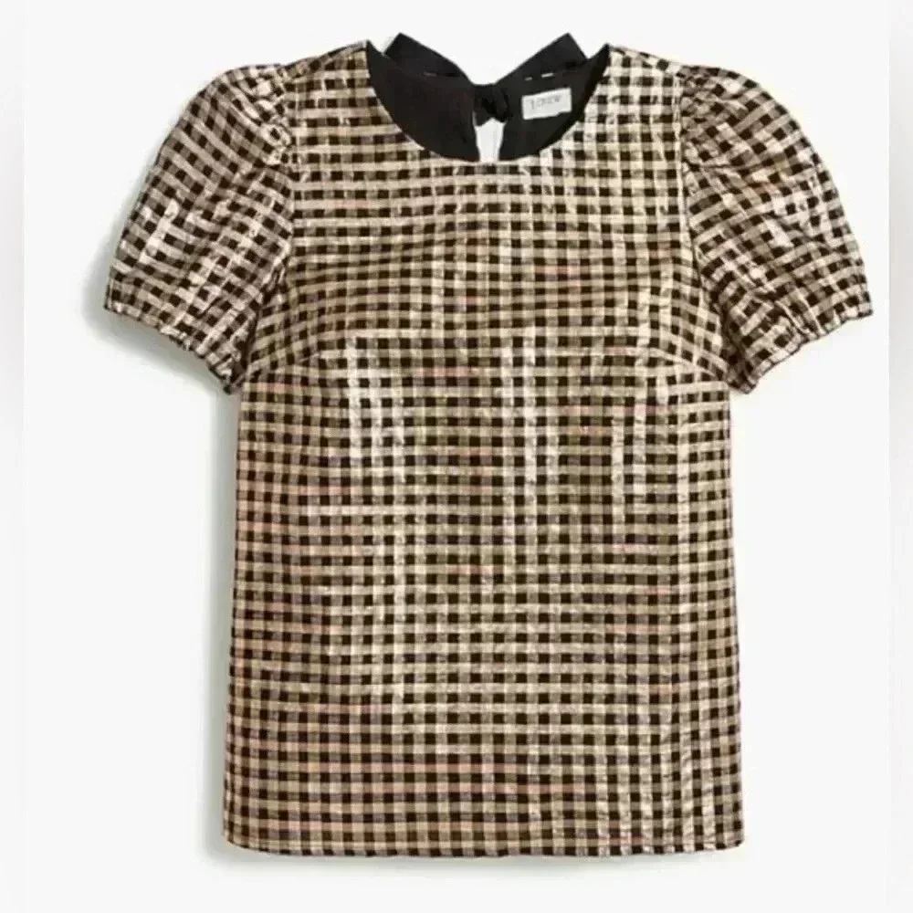 J.Crew Metallic Gold & Black Plaid Puff Sleeve Top Size Medium